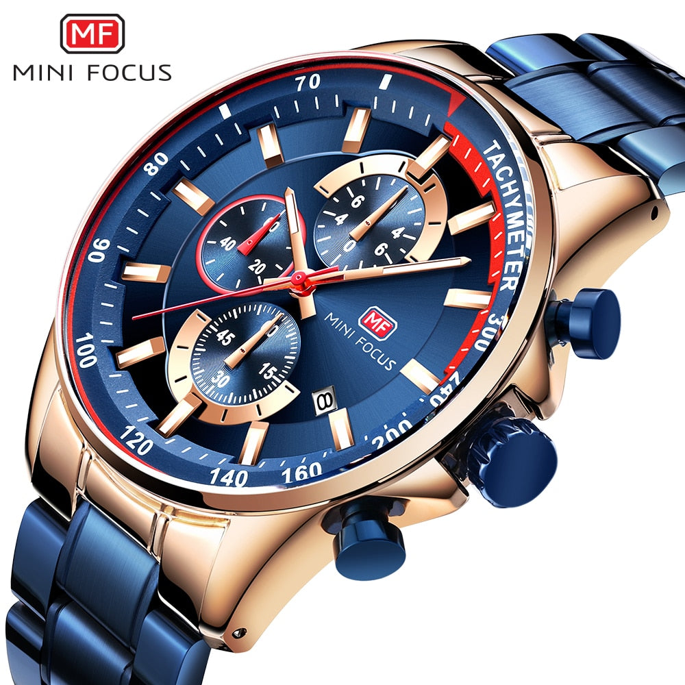 MINI FOCUS Luxury Brand Men Watches Stainless Steel Fashion Men's Wristwatch Quartz Watch Mens Waterproof Relogio Masculino Blue