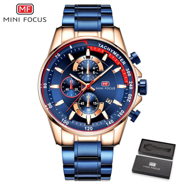 MINI FOCUS Luxury Brand Men Watches Stainless Steel Fashion Men's Wristwatch Quartz Watch Mens Waterproof Relogio Masculino Blue