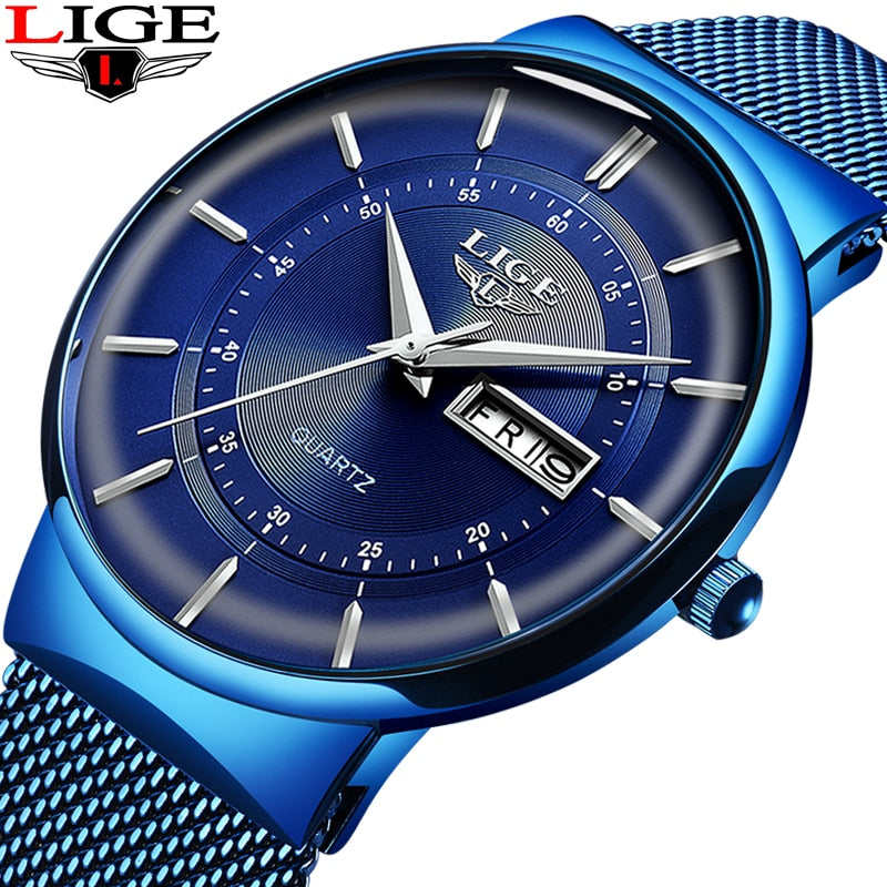 2019 New Blue Quartz Clock LIGE Mens Watches Top Brand Luxury Watch For Men Simple All Steel Waterproof Wrist Watch Reloj Hombre