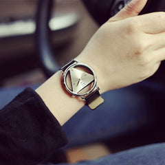 Fashion hollow triangle women quartz watches simple novelty and individualism creative wrist watch black white leather clock