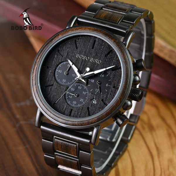 BOBO BIRD Luxury Wood Stainless Steel Men Watch Stylish Wooden Timepieces Chronograph Quartz Watches relogio masculino Gift Man